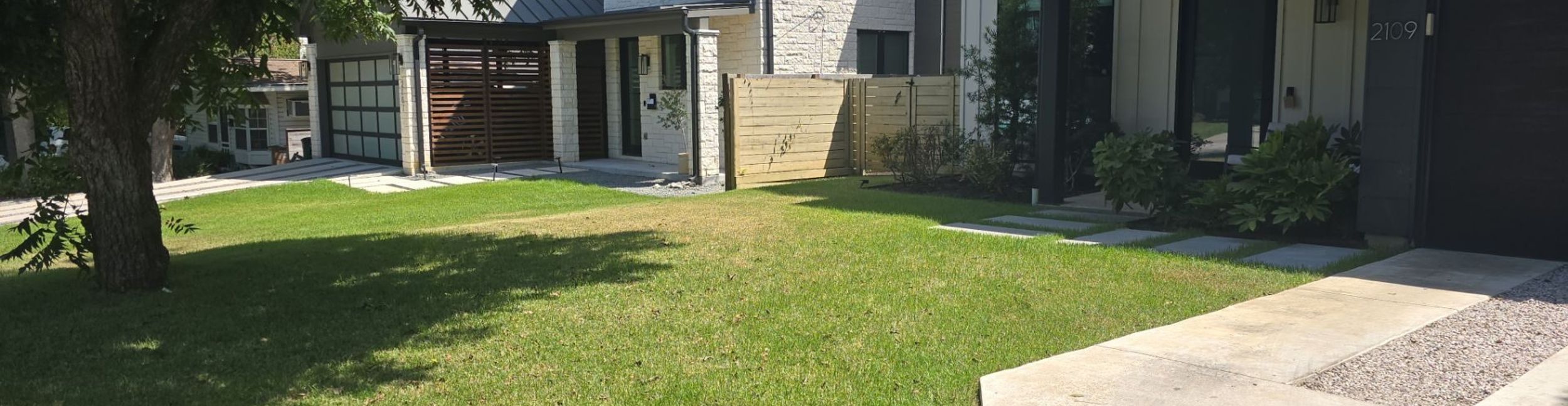 Healthy green front lawn with a concrete walkway and stepping stones at a modern Austin home