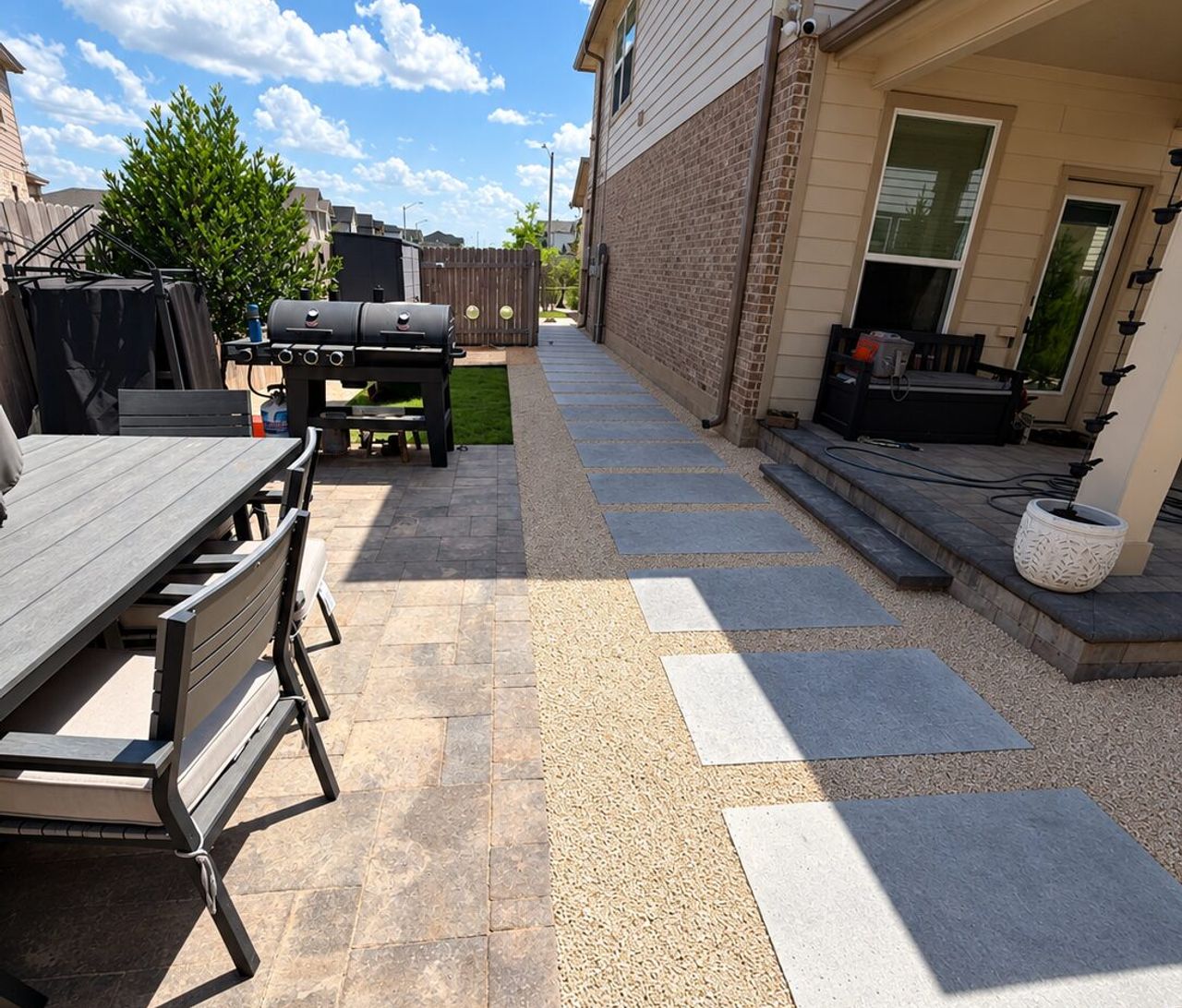 Backyard paver patio with a dining area and large stepping stones in crushed granite along an Austin home