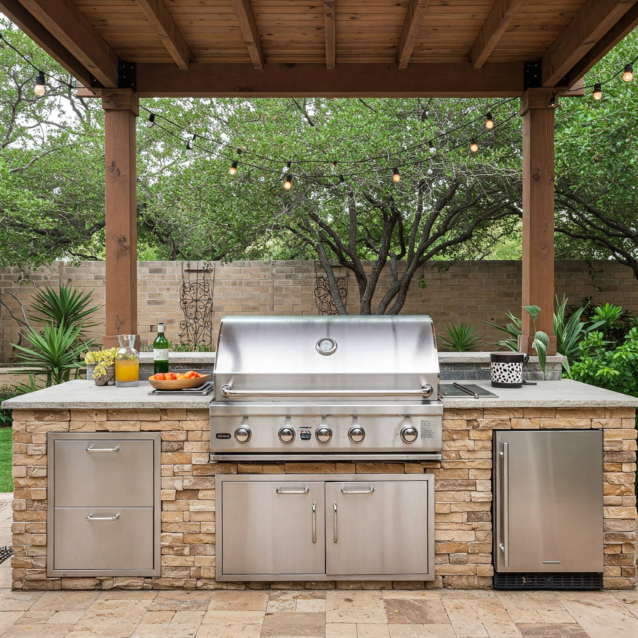 Custom outdoor kitchen with stone countertops in an Austin backyard