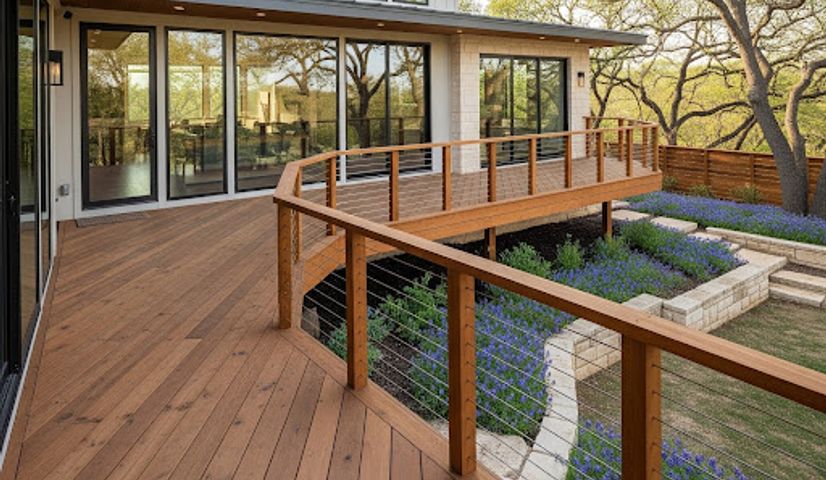 Wraparound deck extending around an Austin home
