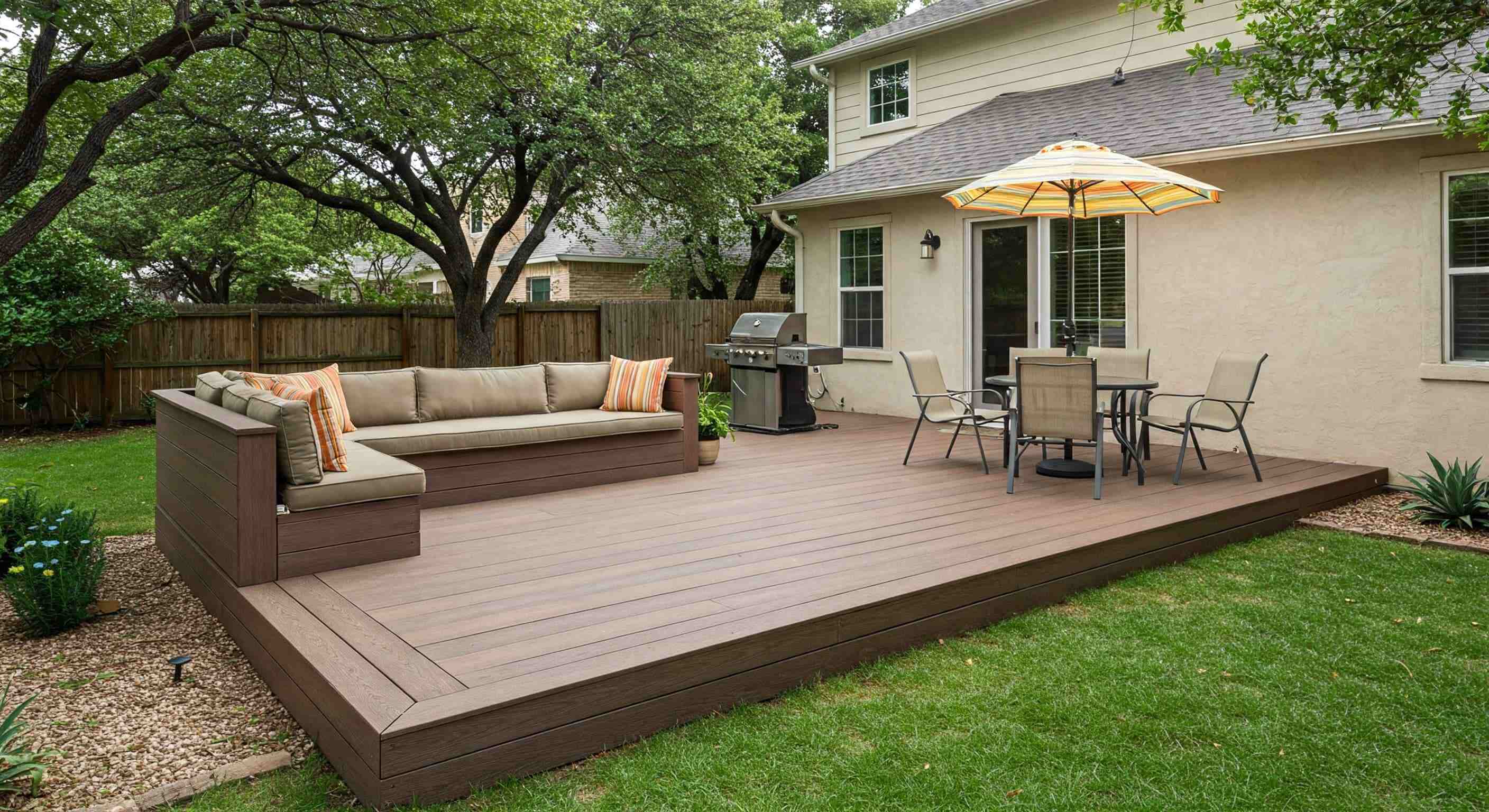 Backyard deck with built-in corner seating, a dining table, and an umbrella