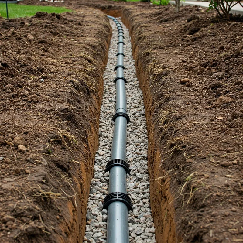 Open drainage trench with a gray drain pipe laid on a bed of clean gravel between banks of dug-up soil, with lawn and shrubs along the edges