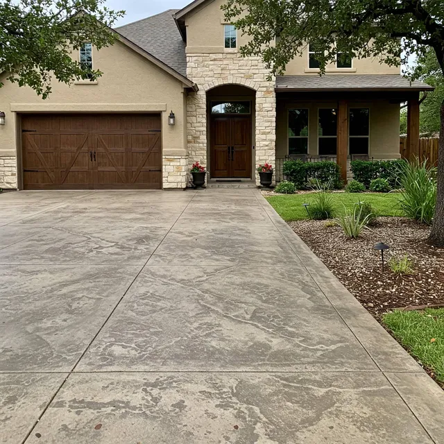 Stained concrete driveway with sawn control joints leading to a two-car garage and a limestone front entry, with a mulched bed and path lights along one side