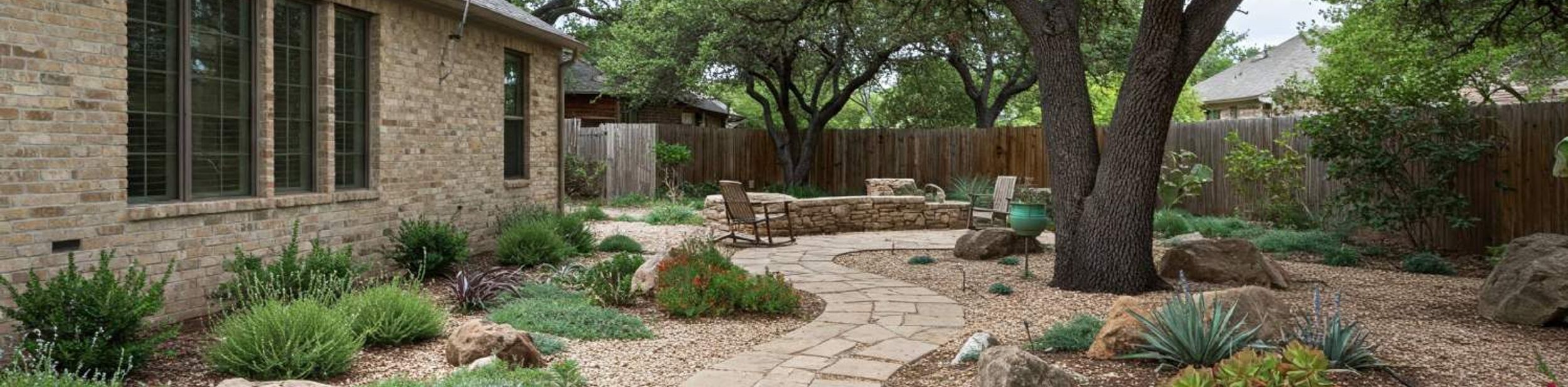 Flagstone pathway through a xeriscape garden with native plants and live oaks in Austin