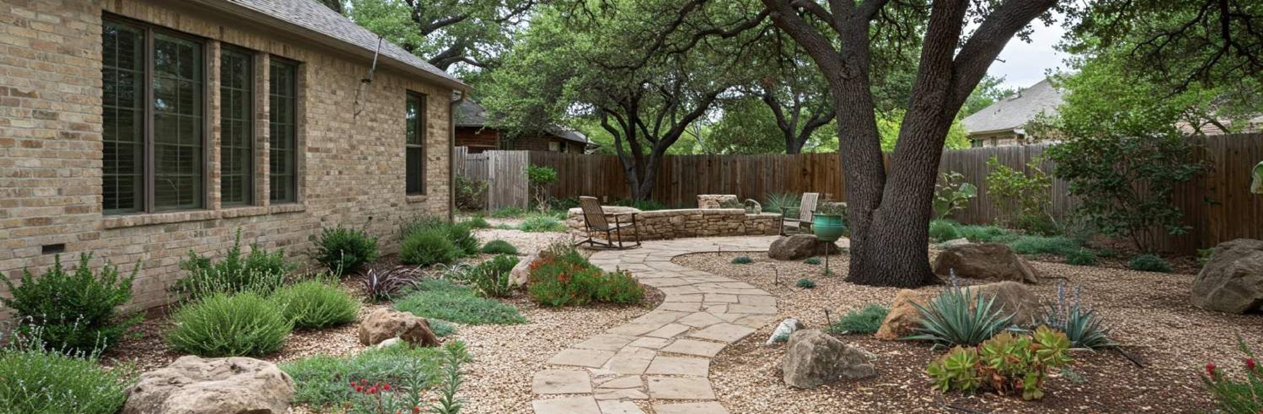 Flagstone pathway through a xeriscape garden with native plants and live oaks in Austin