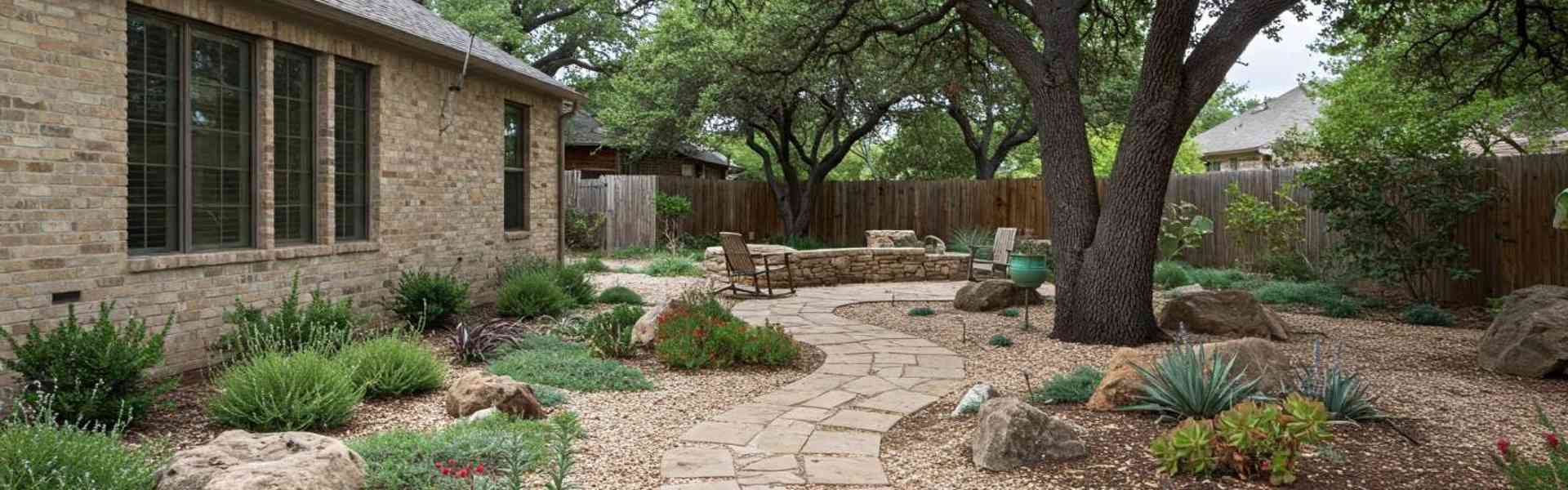 Flagstone pathway through a xeriscape garden with native plants and live oaks in Austin