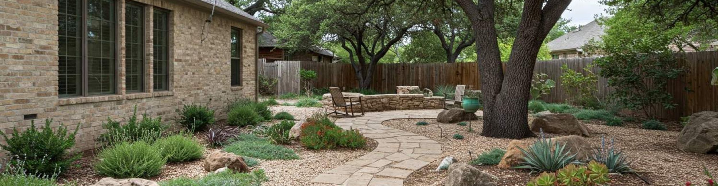 Flagstone pathway through a xeriscape garden with native plants and live oaks in Austin