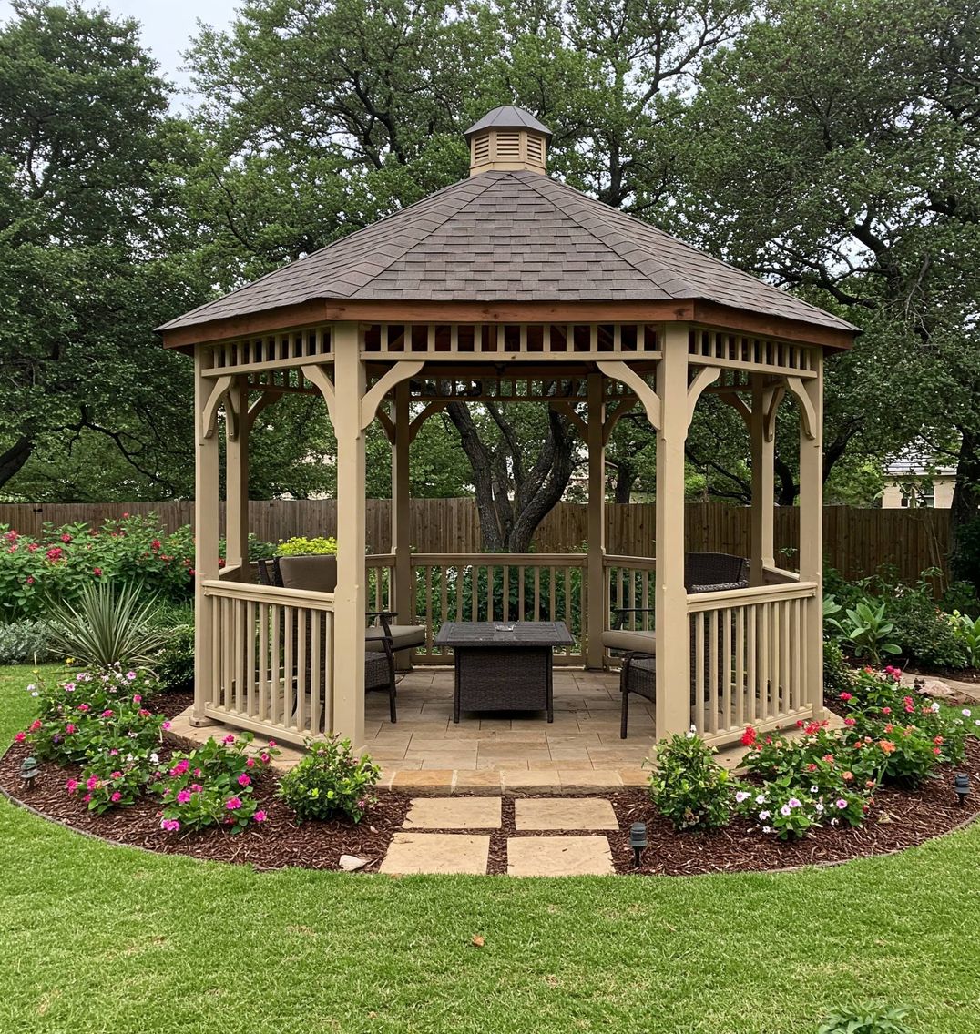Wood gazebo with a shingle roof in an Austin backyard