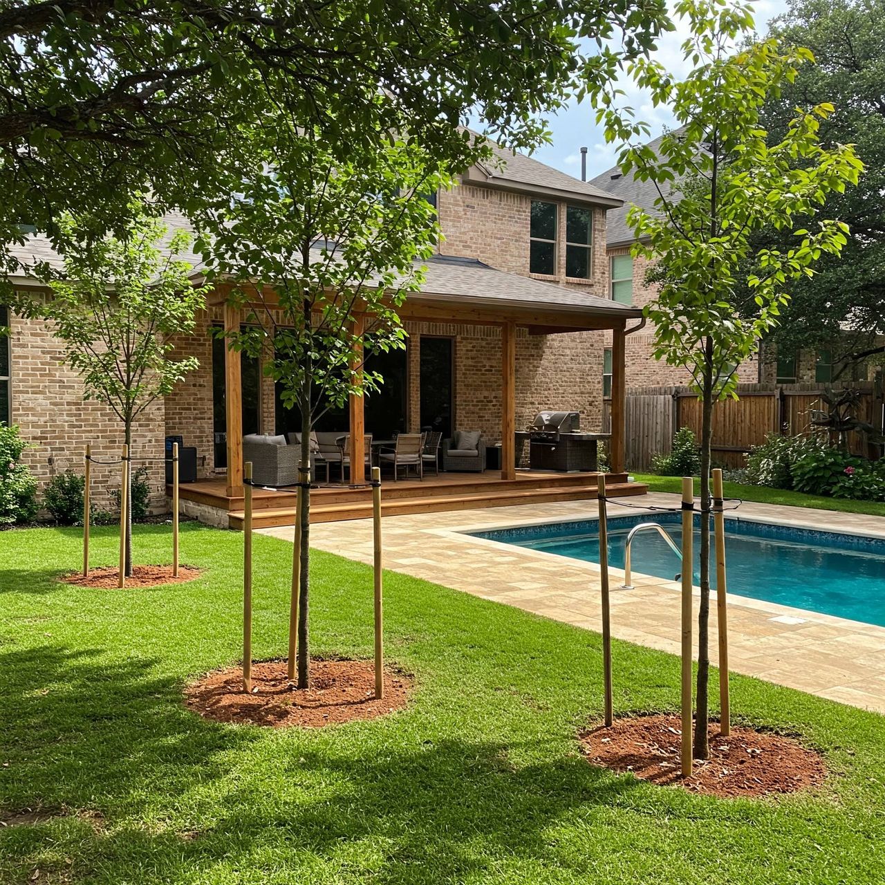 Tree planting in an Austin residential yard with fresh soil and mulch