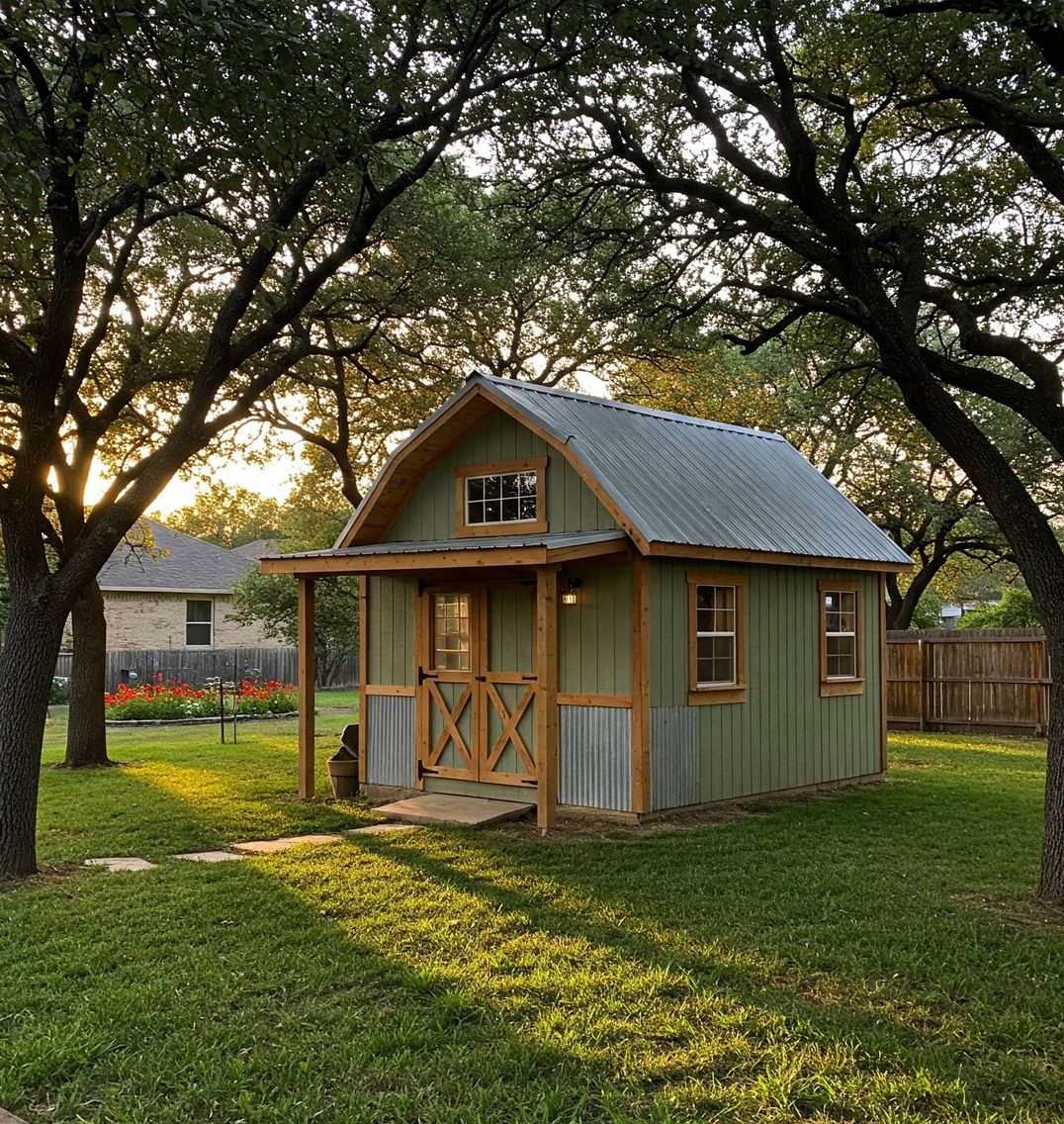 Backyard shed with a small porch and metal roof in Austin