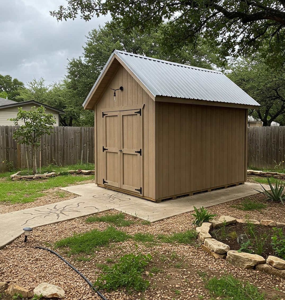 Tan storage shed with a metal roof next to a fence in an Austin backyard