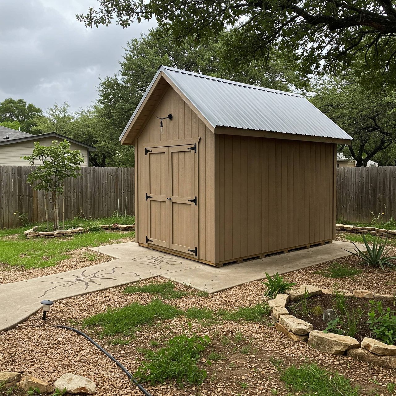 Durable roofing and weatherproofing on a custom shed in Austin