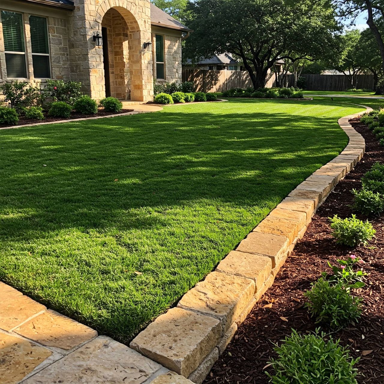 Lawn edging and shaping around Austin patio and walkway