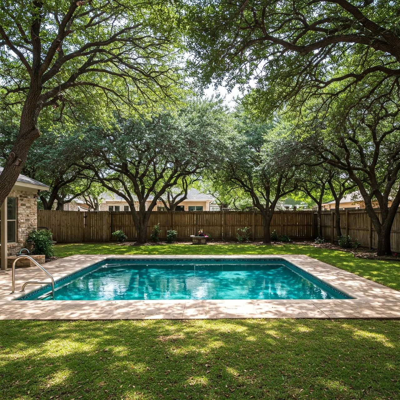 Backyard pool surrounded by mature live oak trees in Austin