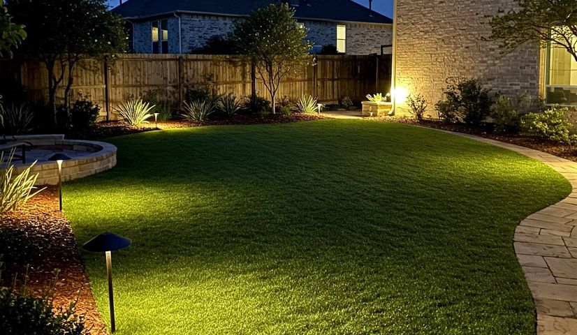 Turf lighting and accent features in an Austin yard