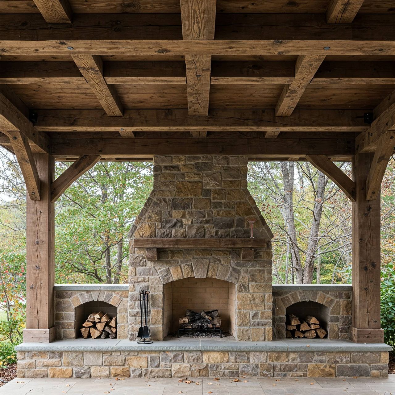 Stone fire pit and fireplace construction in Austin