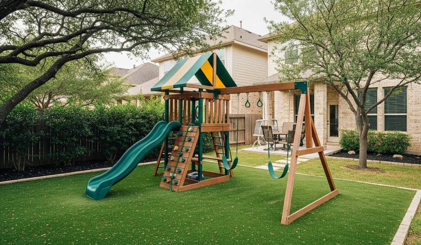 Kid-safe artificial turf installed in an Austin backyard